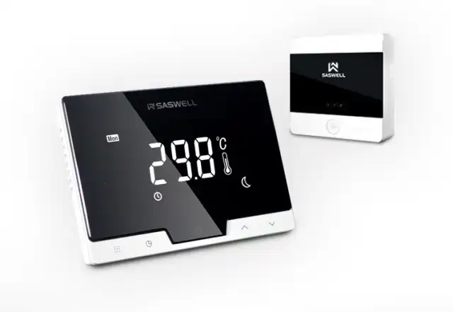 Brezžični WiFi termostat Saswell T19XWHB-7-RF-APP z aplikacijo, 7-dnevnim programiranjem, RF povezavo, pametno prilagoditvijo in zaznavanjem odprtega okna.